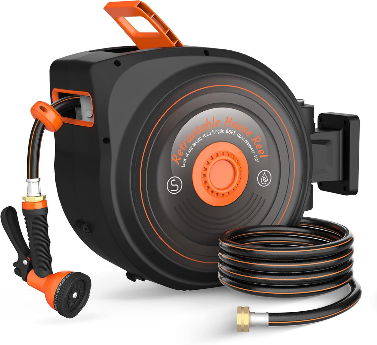 Mars Villa Retractable Garden Hose Reel 1/2 IN x 50 FT, Wall Mounted Heavy Duty Water Hose for Outside, Auto-Rewind & Any Length Lock, 180° Swivel Bracket, Slow Return, 10 Spray Patterns, UV-Resistant