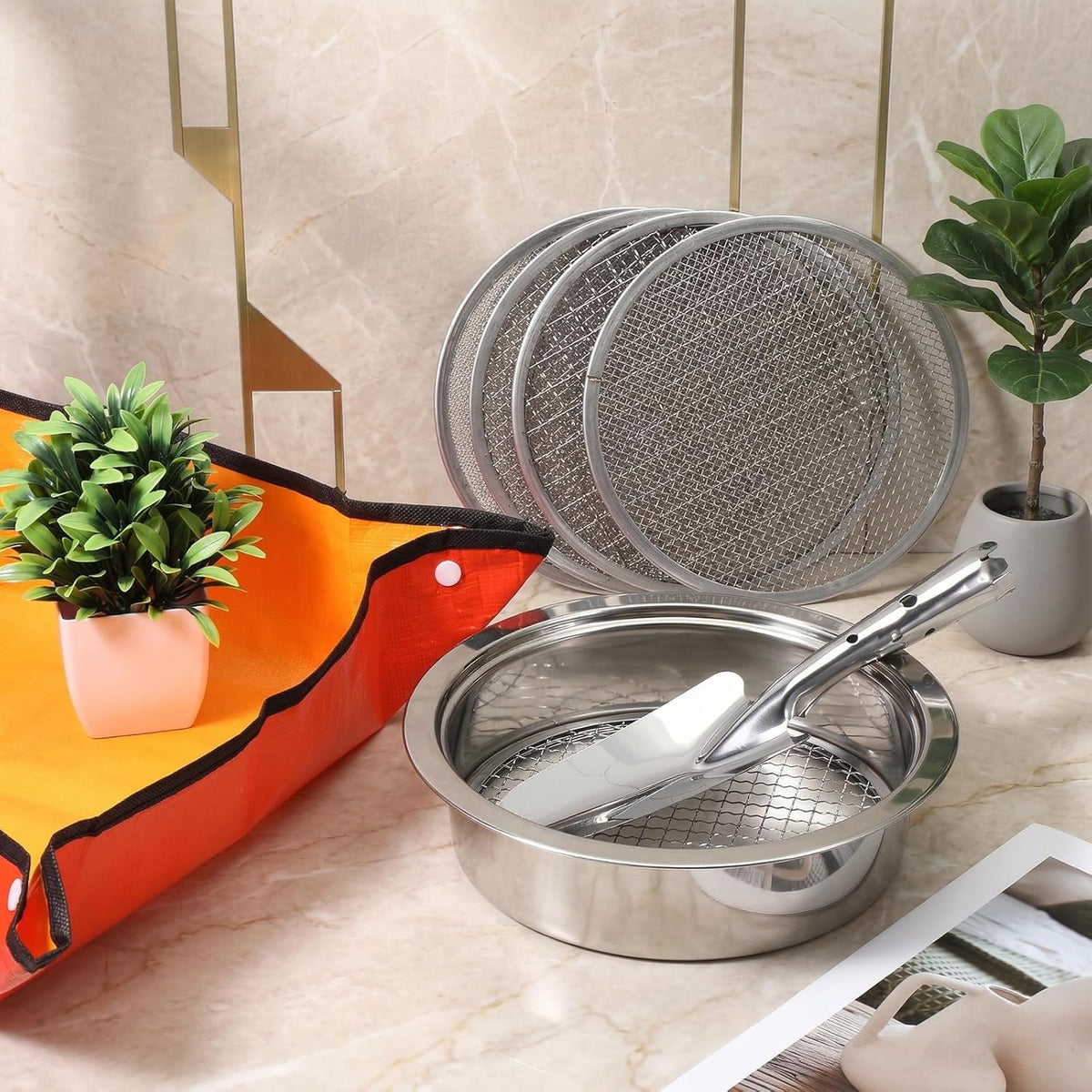 8 PCS Soil Sifter Set for Garden, Stainless Steel Soils Sieve Set, Compost Sifter with 5PCS Replaceable Mesh(1,3,6,9,12mm) Sieve and Bonsai Soil Scoop, 1 mat, 1 Frame, for Compost Bonsai Rocks Sand