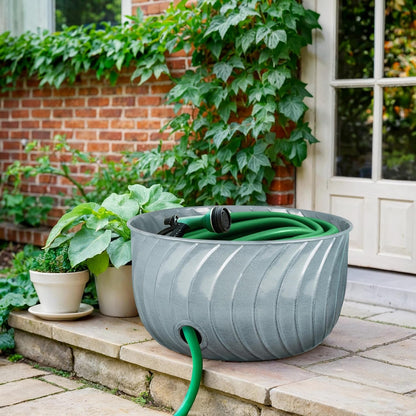 Monarch Abode Garden Hose Holder with Lid – Decorative Water Hose Holders for Outside, Wave Embossed Metal Matte Black Pot with Drainage, 100ft Waterhose Holder for Outside, Garden Storage Caddy