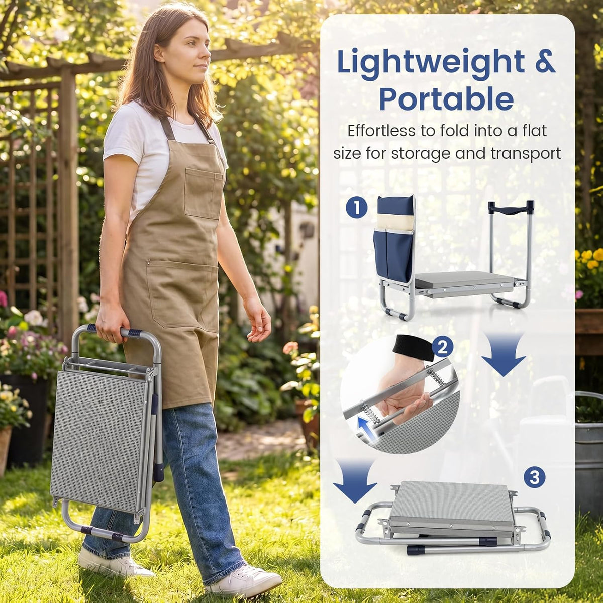 2-in-1 Garden Kneeler & Seat, Folding Seat w/EVA Foam Kneeling Pad & Removable Tools Pouch, Sturdy Steel Frame, No Assembly, Portable Heavy Duty Garden Stool for Women & Men