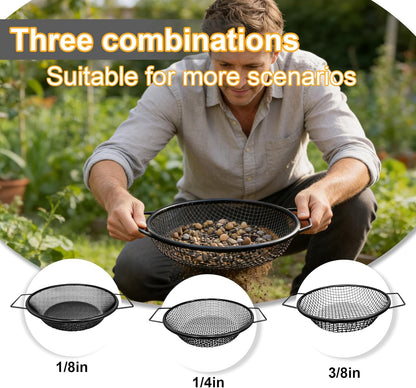 2PCS Soil Sifter for Gardening, Rock Sifter for 5 Gallon Bucket,Compost Sifter Dirt Sifter,Captures Dirt Rocks Sawdust Black Handle Upgrade Version