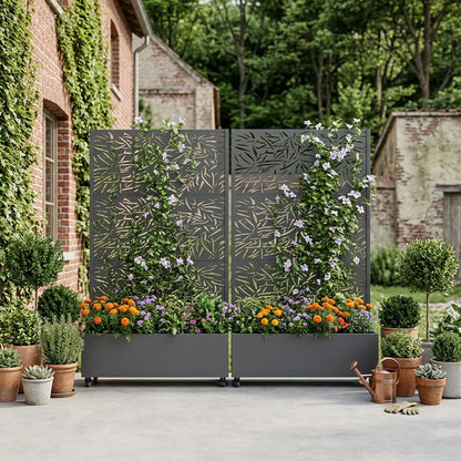Casaphoria Metal Raised Garden Bed with Trellis and Wheels, 72"x47"x16" Planter Box for Climbing Plants, Vegetables & Vines, Features Drainage Holes and Privacy Screen (Black-Louver) - Colors A