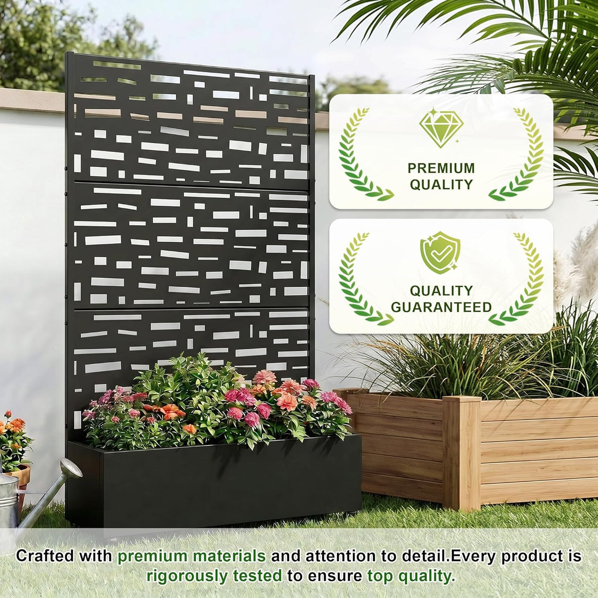 Casaphoria Metal Raised Garden Bed with Trellis and Wheels, 72"x47"x16" Planter Box for Climbing Plants, Vegetables & Vines, Features Drainage Holes and Privacy Screen (Black-Louver) - Colors D