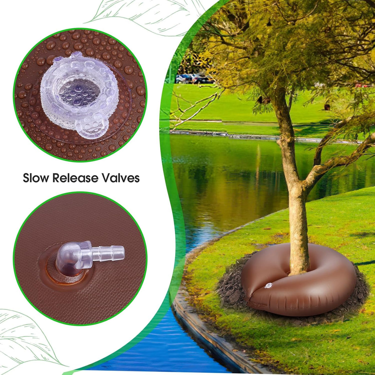 TezhiIe 2 Pack 25 Gallon Tree Watering Bags, Brown Reusable PVC Watering Donuts for Trees, Deep Root & Low-Profile Slow Release Watering Ring Bag, for Newly Planted, Multi-Trunk or Evergreen Tree