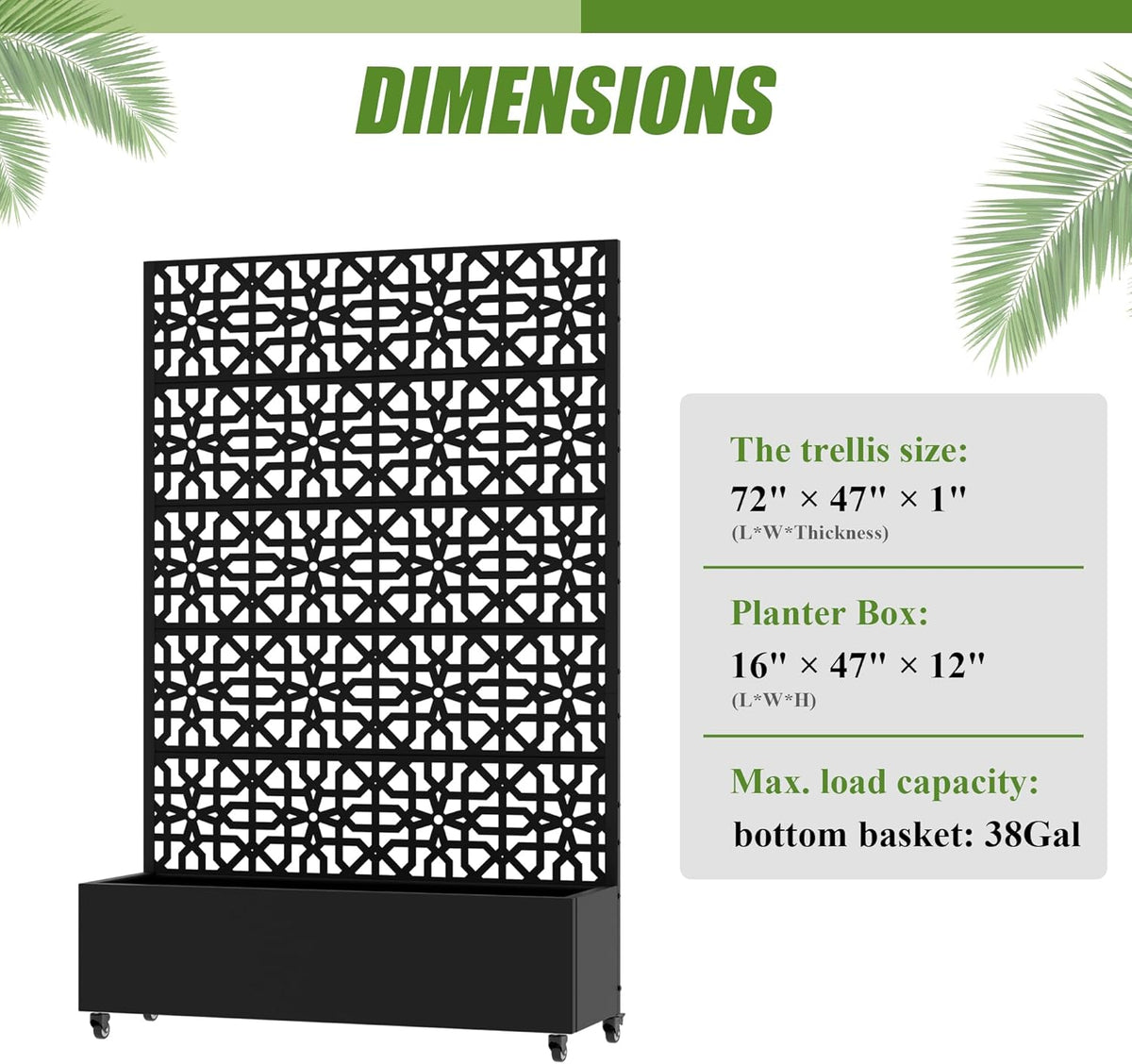 Casaphoria Metal Raised Garden Bed with Trellis and Wheels, 72"x47"x16" Planter Box for Climbing Plants, Vegetables & Vines, Features Drainage Holes and Privacy Screen (Black-Louver) - Colors B
