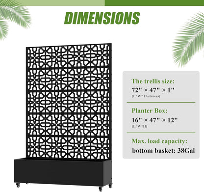 Casaphoria Metal Raised Garden Bed with Trellis and Wheels, 72"x47"x16" Planter Box for Climbing Plants, Vegetables & Vines, Features Drainage Holes and Privacy Screen (Black-Louver) - Colors B