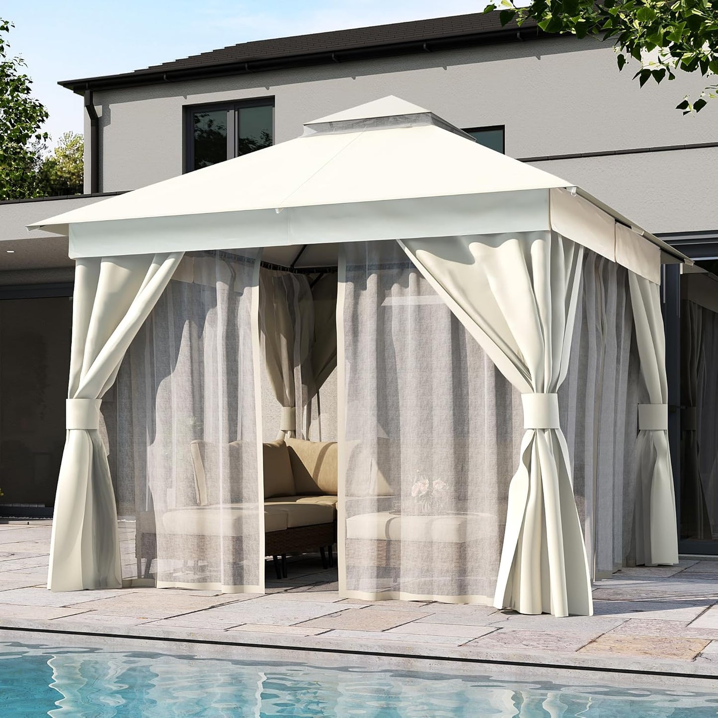 10x20 Gazebo Canopy with 100FT String Lights, Metal Heavy Duty Patio Canopy Tent with Double Roofs, Mosquito Nettings and Privacy Screens for Backyard, Garden, Lawn, Gray