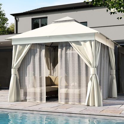 10x20 Gazebo Canopy with 100FT String Lights, Metal Heavy Duty Patio Canopy Tent with Double Roofs, Mosquito Nettings and Privacy Screens for Backyard, Garden, Lawn, Gray