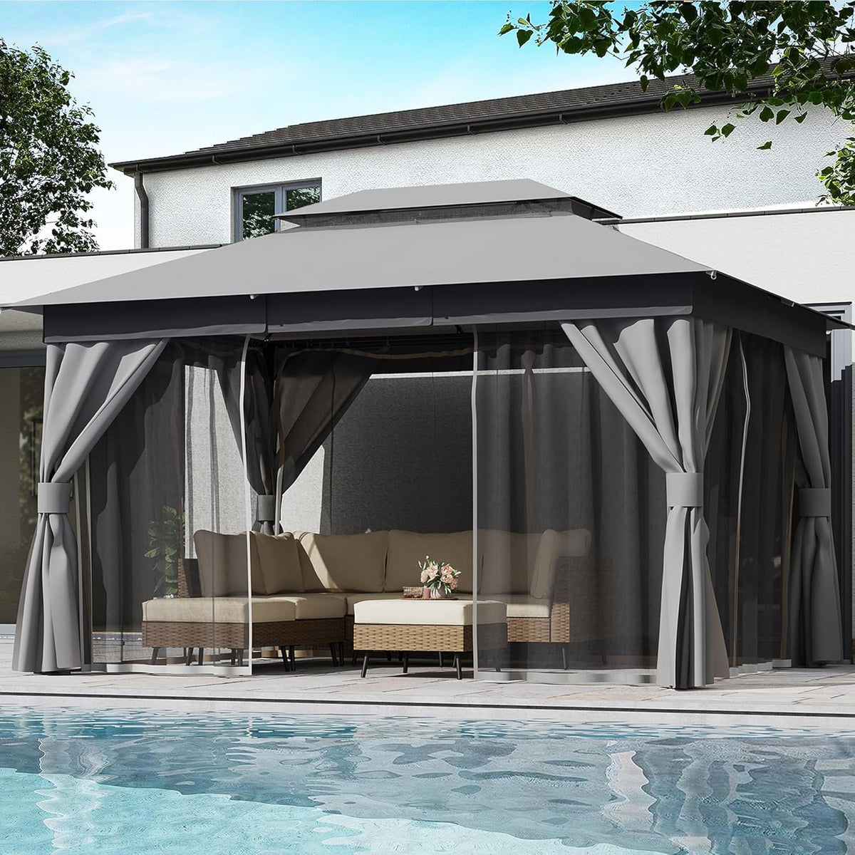 10x20 Gazebo Canopy with 100FT String Lights, Metal Heavy Duty Patio Canopy Tent with Double Roofs, Mosquito Nettings and Privacy Screens for Backyard, Garden, Lawn, Gray