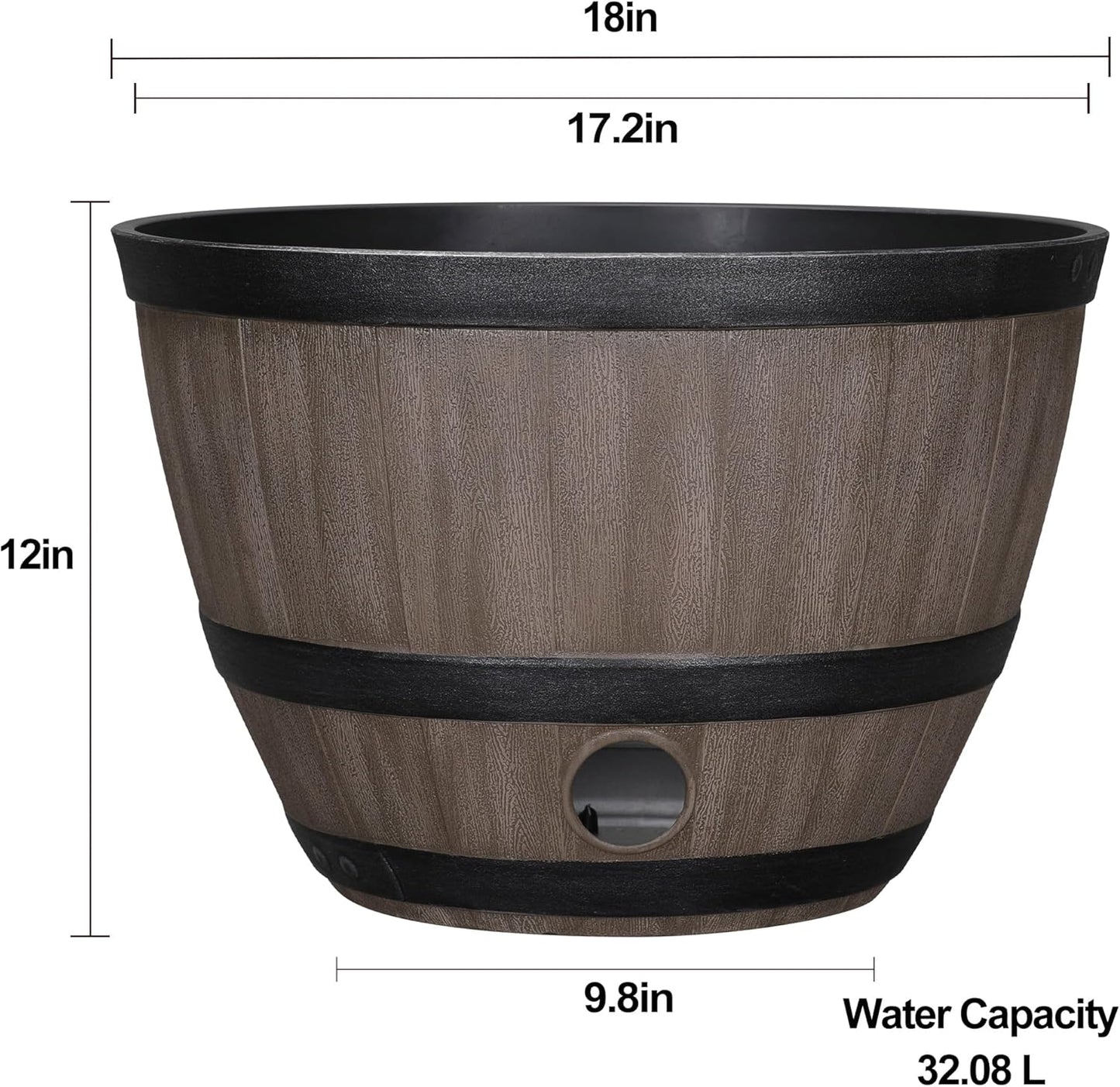 Whiskey Barrel Garden Hose Pot, 18"" Dia. x 12"" H, Walnut Brown – 100% Certified Recycled Resin Outdoor Water Hose Storage with Removable Drainage Plug, UV & Weather Resistant