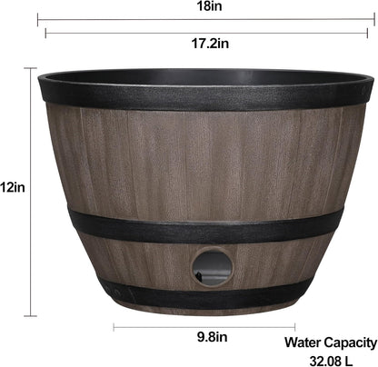 Whiskey Barrel Garden Hose Pot, 18"" Dia. x 12"" H, Walnut Brown – 100% Certified Recycled Resin Outdoor Water Hose Storage with Removable Drainage Plug, UV & Weather Resistant