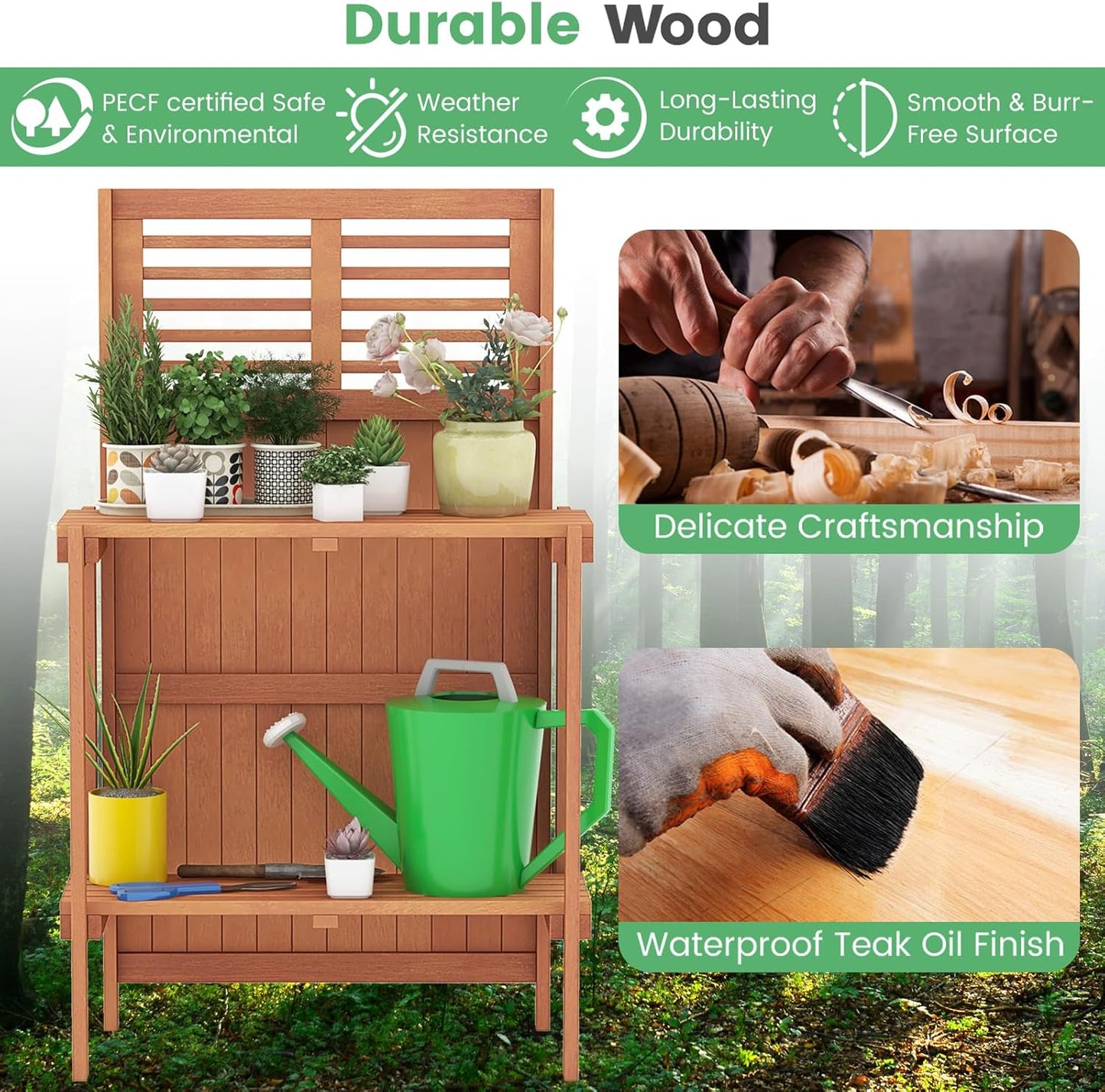 Garden Potting Bench Table, Folding Potting Bench Outdoor Workstation with Trellis & 2-Tier Shelves, Wood Potting Table for Outdoor, Deck, Balcony, Garden, Backyard