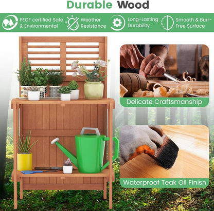 Garden Potting Bench Table, Folding Potting Bench Outdoor Workstation with Trellis & 2-Tier Shelves, Wood Potting Table for Outdoor, Deck, Balcony, Garden, Backyard