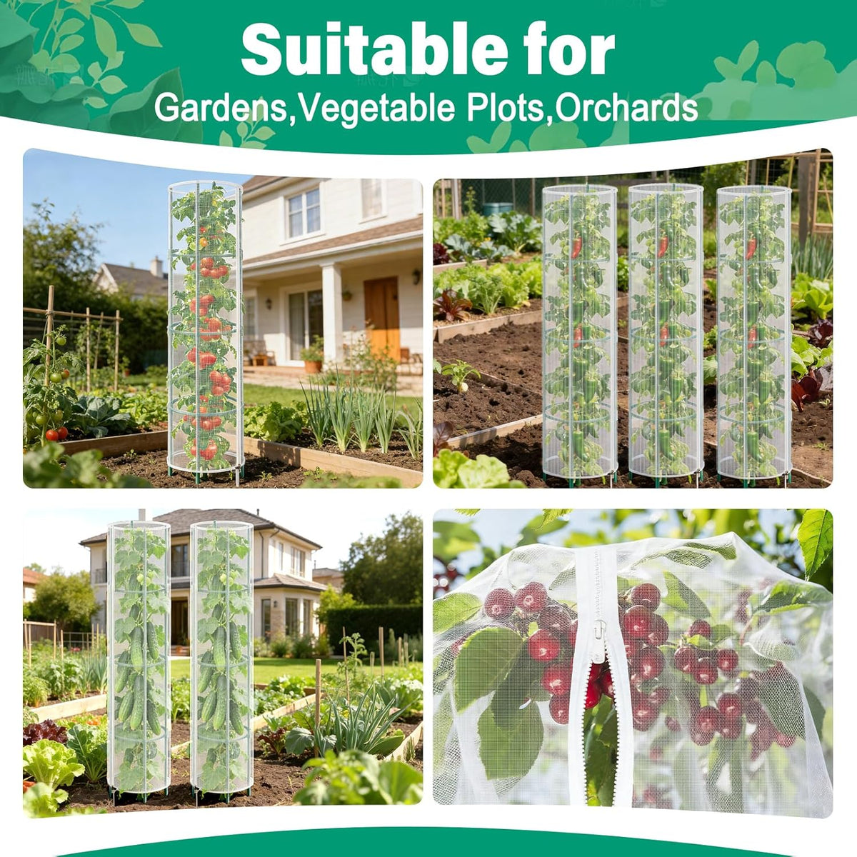 3 Pack Garden Bird Netting Plant Cover for Round Tomato Cage, 61"x13" Insect Bird Barrier Tomato Cage Net with Zipper & Drawstring, Tomato Trellis Netting Protection Cover for Protecting Plants