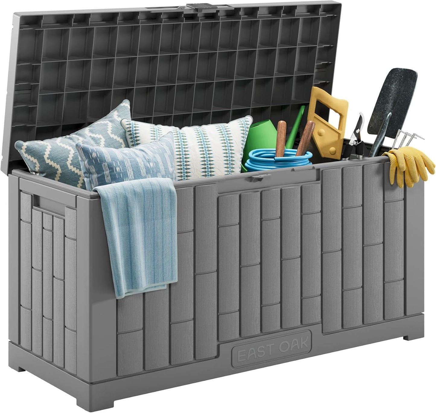 EAST OAK Outdoor Storage Box, 31 Gallon Deck Box Indoor and Outdoor Use, Waterproof Resin Storage Bin for Package Delivery, Patio Cushions, Gardening Tools, Lockable, UV Resistant, Grey