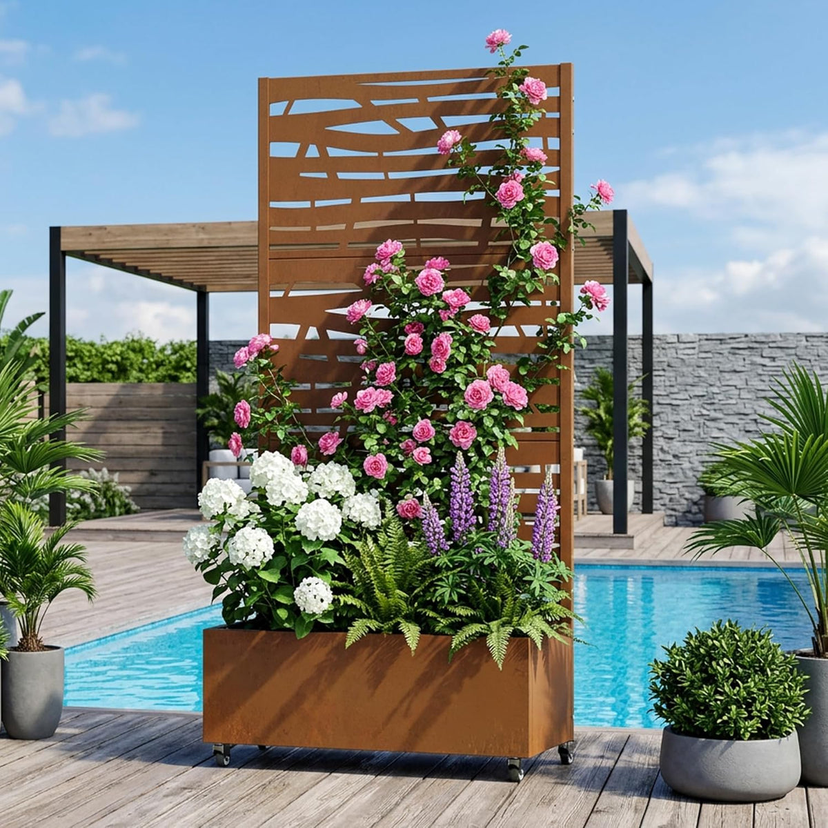 Casaphoria Metal Raised Garden Bed with Trellis and Wheels, 72"x47"x16" Planter Box for Climbing Plants, Vegetables & Vines, Features Drainage Holes and Privacy Screen (Black-Louver) - Colors D