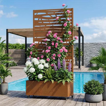 Casaphoria Metal Raised Garden Bed with Trellis and Wheels, 72"x47"x16" Planter Box for Climbing Plants, Vegetables & Vines, Features Drainage Holes and Privacy Screen (Black-Louver) - Colors D