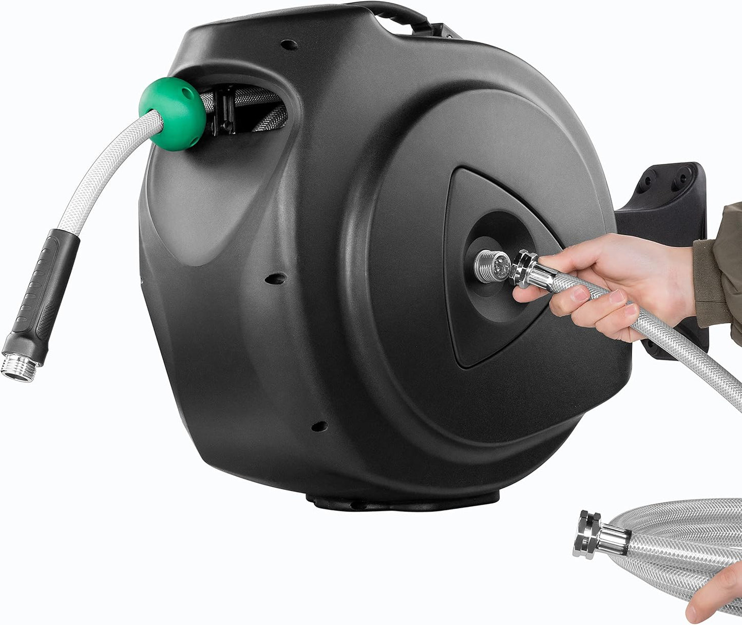 Retractable Garden Hose Reel, 120Ft x 1/2" Durable Wall Mounted Water Hose Reel with 180¡ãSwivel Bracket, 9 Pattern Sprayer, 6Ft leader hose, Smooth Automatic Rewind, Any Length Lock.