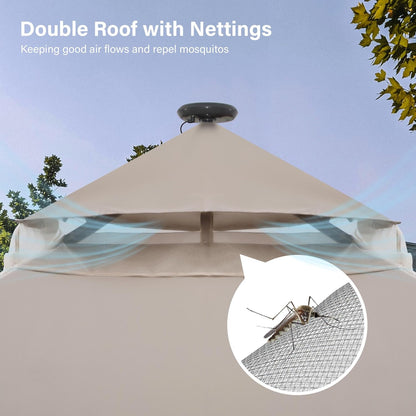 10x20 Gazebo Canopy with 100FT String Lights, Metal Heavy Duty Patio Canopy Tent with Double Roofs, Mosquito Nettings and Privacy Screens for Backyard, Garden, Lawn, Gray