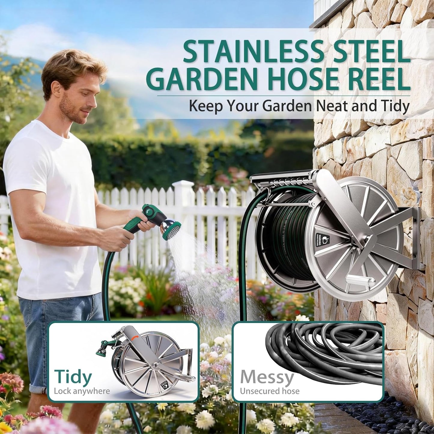 Stainless Steel Garden Hose Reel Heavy Duty, Wall Mount Water Hose Holder, 150 Feet of 5/8 Inch Hoses Capacity, Hose Reels with 5 ft Inlet Hose for Outside, Lawn, Yard, Garage