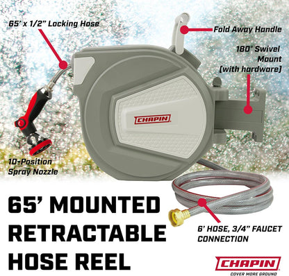 Chapin 5997 Garden Hose Reel, 65-feet Retractable, Wall Mounted Heavy-Duty Case, 180° Swivel Frame Mount, Automatic Retract, Locking Hose, 10 Position Metal Garden Hose Spray Nozzle