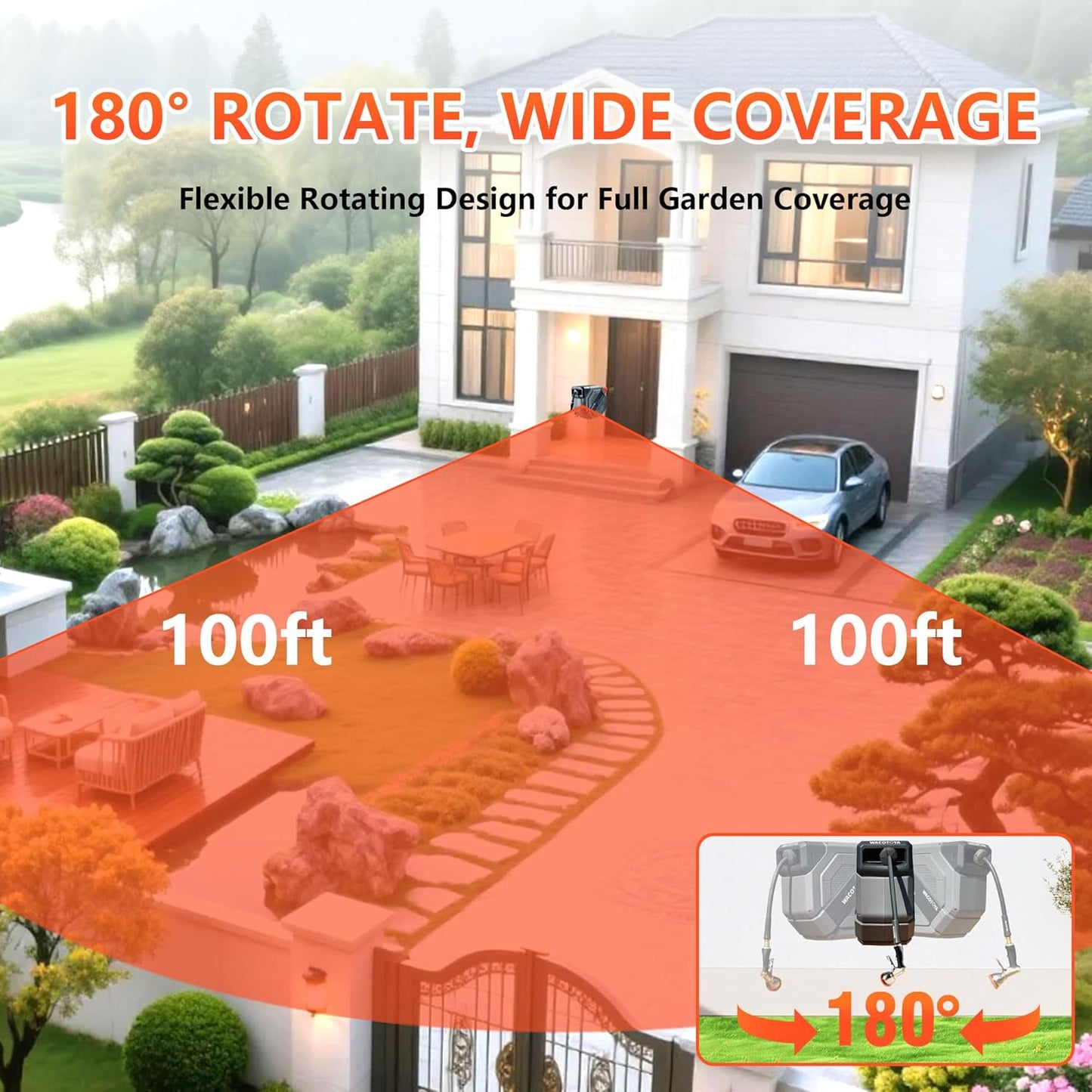 Retractable Garden Hose Reel, 5/8 in x100 ft Heavy Duty Wall Mount Water Hose Reel with Metal Bracket & 9-Pattern Metal Nozzle, Any Length Lock, Slow Retraction and 180° Swivel