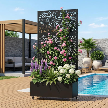 Casaphoria Metal Raised Garden Bed with Trellis and Wheels, 72"x47"x16" Planter Box for Climbing Plants, Vegetables & Vines, Features Drainage Holes and Privacy Screen (Black-Louver) - Colors A