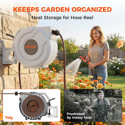 NEOTEC 115ft 5/8" Retractable Garden Hose Reel with Auto Rewind Any Length Lock Heavy Duty Hose Reel,9-Pattern Nozzle,180°Swivel,UV Resistant Wall Mount Hose Reel for Outdoor Garden, Car, Patio