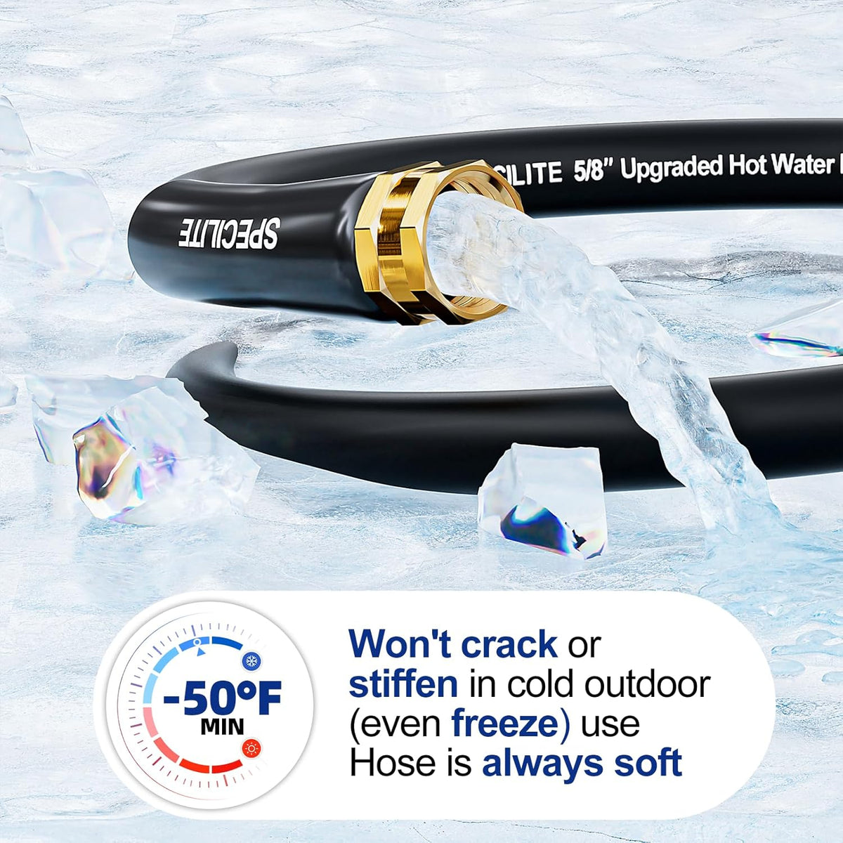 SPECILITE Hot/Cold Retractable Garden Hose Reel 50ft x 5/8'', -50℉ - 190 ℉, Wall Mount Water Pipe Spool, Heavy Duty, with 6ft Leader Hose, 8 Function Nozzle, for Backyard, Outdoor, Farm, Boat, Black