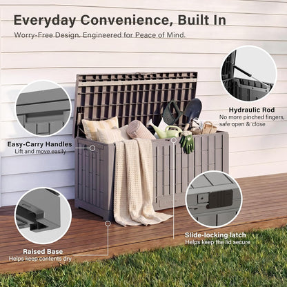 EAST OAK Outdoor Storage Box, 31 Gallon Deck Box Indoor and Outdoor Use, Waterproof Resin Storage Bin for Package Delivery, Patio Cushions, Gardening Tools, Lockable, UV Resistant, Grey