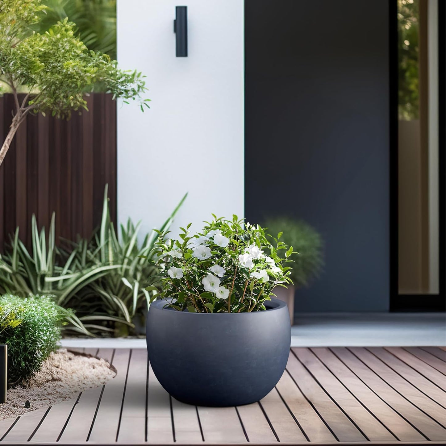 Large Round Bowl Vintage BRN Concrete Planter 19.9" Dia, Outdoor