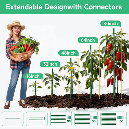 100 Pcs Tomato Stakes 16 Inch Garden Stakes for Outdoor Plants Support Plastic Coated Metal Plant Stakes Supports for Climbing Potted Plants with 50 Connectors 50 Rotatable Clips 165 Ft Twist Tie