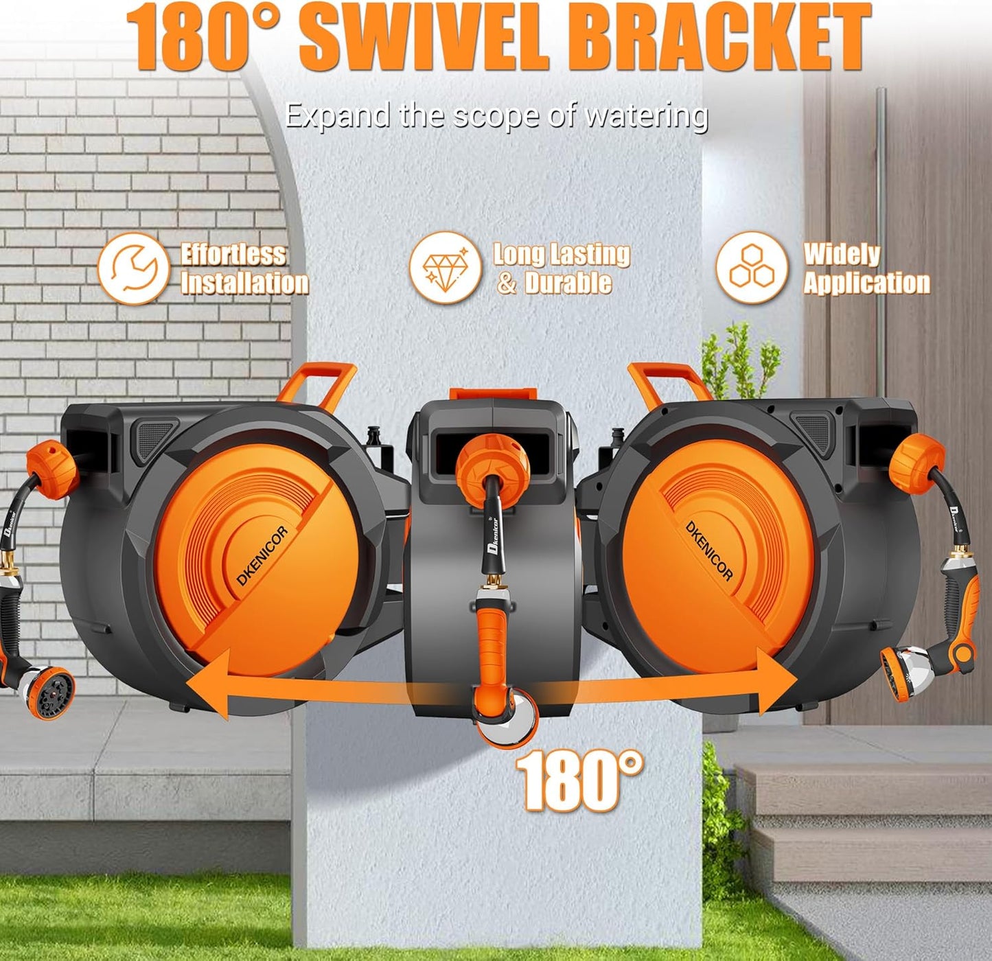 5/8" × 110 ft Retractable Hose Reel, Heavy Duty Retractable Garden Hose Reel Wall Mounted with 10-Pattern Hose Nozzle/Any Length Lock/Slow Return System/180°Swivel Bracket