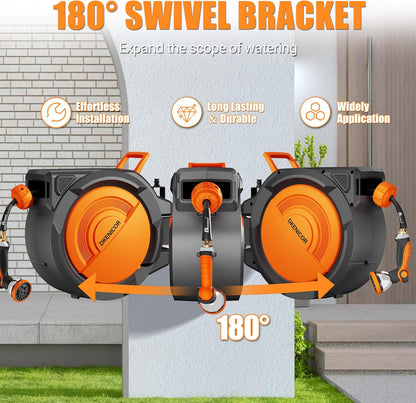 5/8" × 110 ft Retractable Hose Reel, Heavy Duty Retractable Garden Hose Reel Wall Mounted with 10-Pattern Hose Nozzle/Any Length Lock/Slow Return System/180°Swivel Bracket