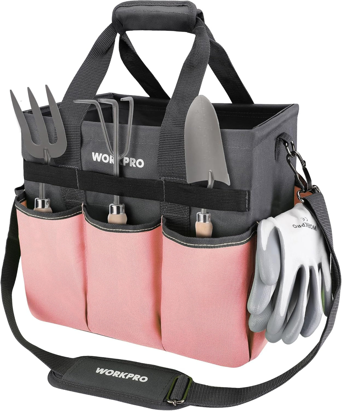 WORKPRO Garden Tool Bag Organizer, Heavy Duty Gardening Tote Bag with 10 Pockets and Long Adjustable Shoulder Strap, Standable Garden Home Tool Kits Organizer, Green (Tools are not Included)