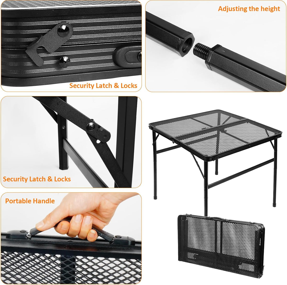 2Ft Small Folding Table with Carry Handle, Camping Table Adjustable Height 10.6–22 in, Black Metal Mesh, Portable & Compact for Outdoor/Indoor,Grill Table, 23.6×15.8 in, 4 lb, 66 lb Capacity
