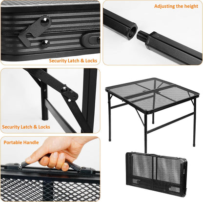 2Ft Small Folding Table with Carry Handle, Camping Table Adjustable Height 10.6–22 in, Black Metal Mesh, Portable & Compact for Outdoor/Indoor,Grill Table, 23.6×15.8 in, 4 lb, 66 lb Capacity