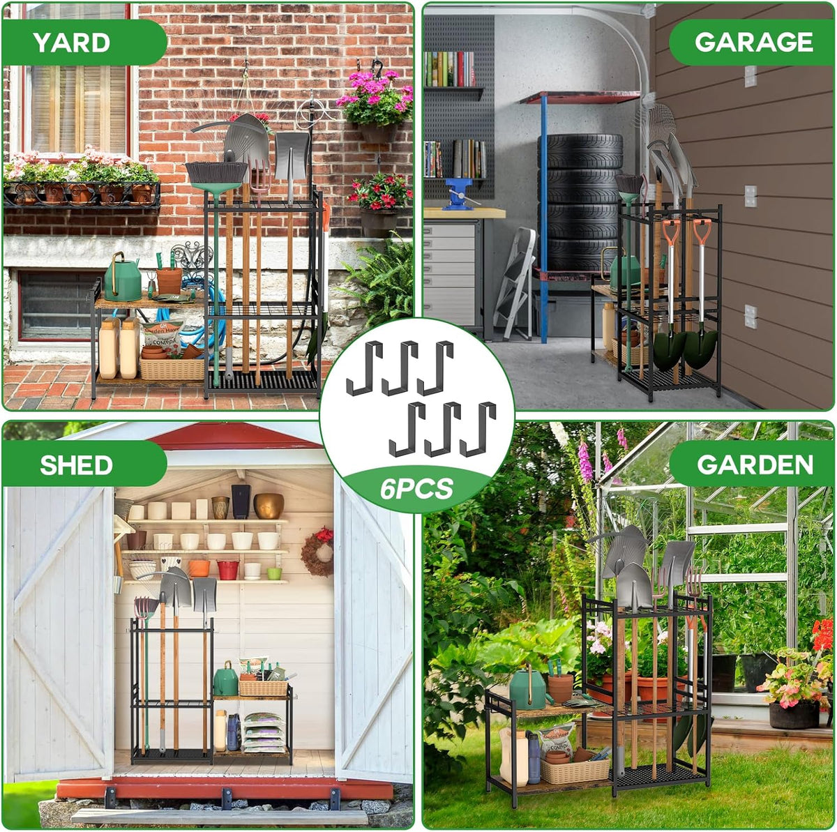 DAOUTIME Garden Organizer With Wheels, Yard Tower Rack for Garage Storage, Up to 35 Long-Handled Tools, Sturdy Metal Steel Holder With 3 Hooks, Outdoor, Black