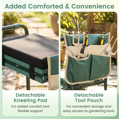 2-in-1 Garden Kneeler & Seat, Folding Seat w/EVA Foam Kneeling Pad & Removable Tools Pouch, Sturdy Steel Frame, No Assembly, Portable Heavy Duty Garden Stool for Women & Men