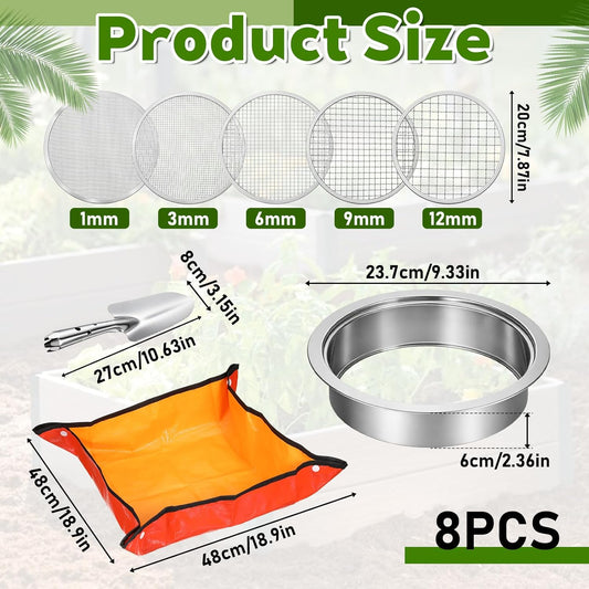 8 PCS Soil Sifter Set for Garden, Stainless Steel Soils Sieve Set, Compost Sifter with 5PCS Replaceable Mesh(1,3,6,9,12mm) Sieve and Bonsai Soil Scoop, 1 mat, 1 Frame, for Compost Bonsai Rocks Sand