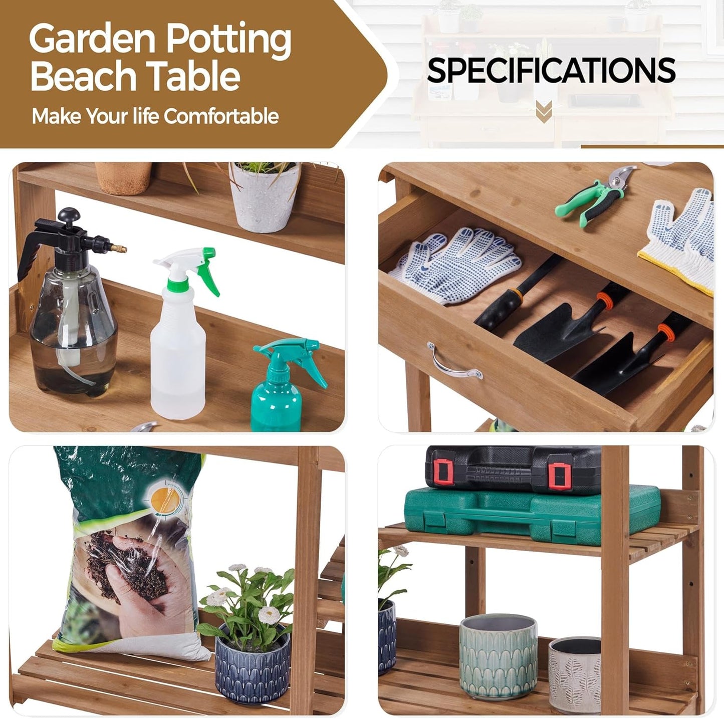 Yaheetech Potting Bench Outdoor Garden Work Bench Station Planting Solid Wood Construction for Horticulture w/Sink Drawer Rack Shelves Natural Wood