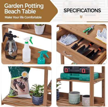 Yaheetech Potting Bench Outdoor Garden Work Bench Station Planting Solid Wood Construction for Horticulture w/Sink Drawer Rack Shelves Natural Wood