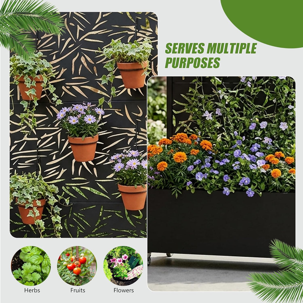 Casaphoria Metal Raised Garden Bed with Trellis and Wheels, 72"x47"x16" Planter Box for Climbing Plants, Vegetables & Vines, Features Drainage Holes and Privacy Screen (Black-Louver) - Colors A