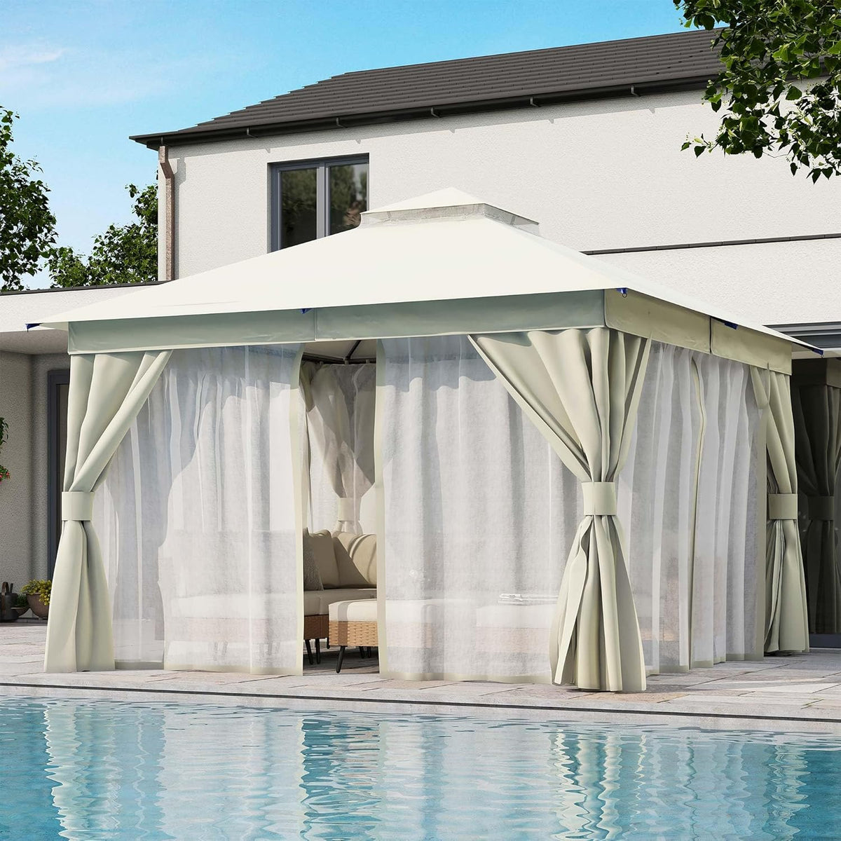 10x20 Gazebo Canopy with 100FT String Lights, Metal Heavy Duty Patio Canopy Tent with Double Roofs, Mosquito Nettings and Privacy Screens for Backyard, Garden, Lawn, Gray