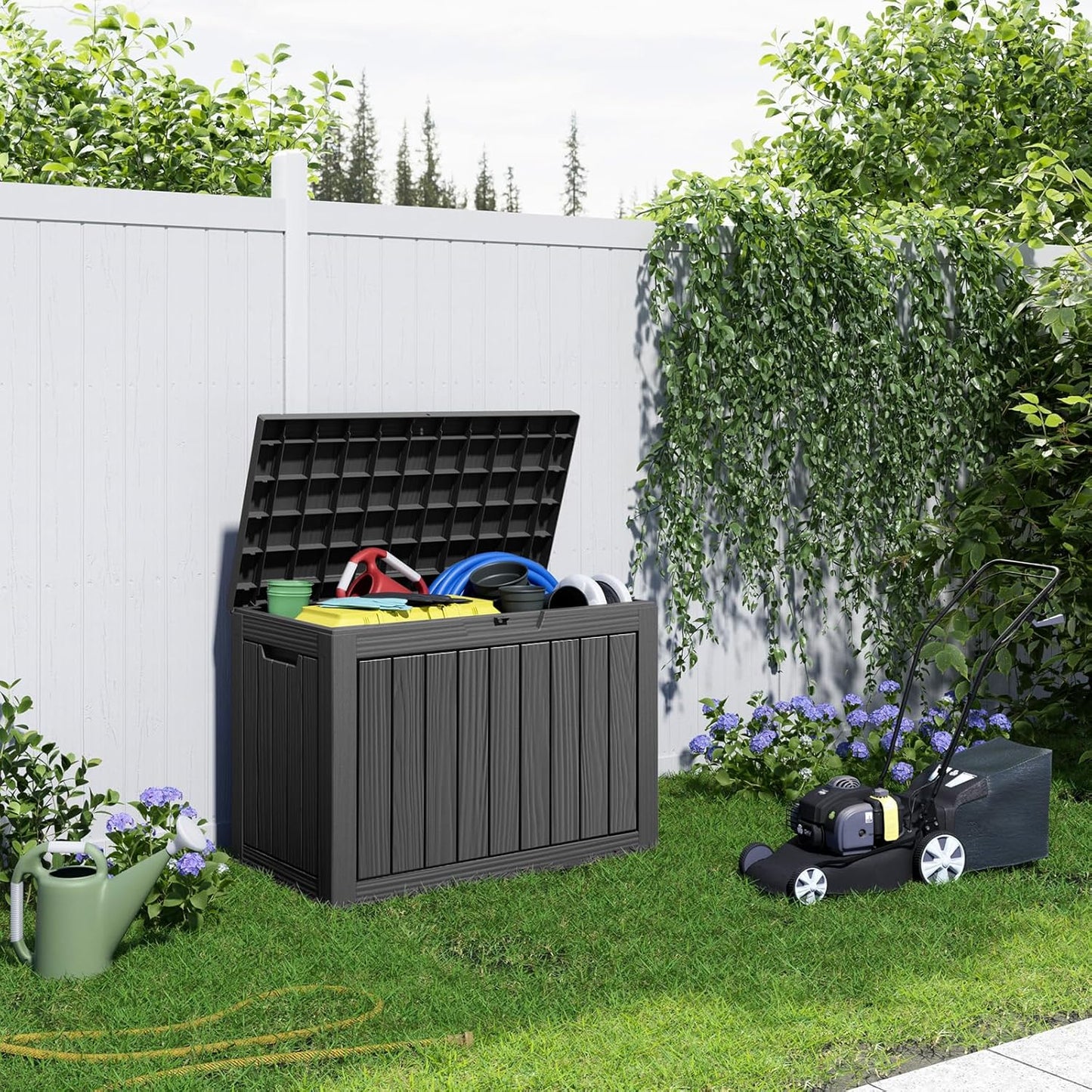 30 Gallon Outdoor Deck Box, Lockable Waterproof Outdoor Storage Boxes For Garden Tools,Indoor Cushions,Accessories Outside Storage Resin Weatherproof Container(Black)