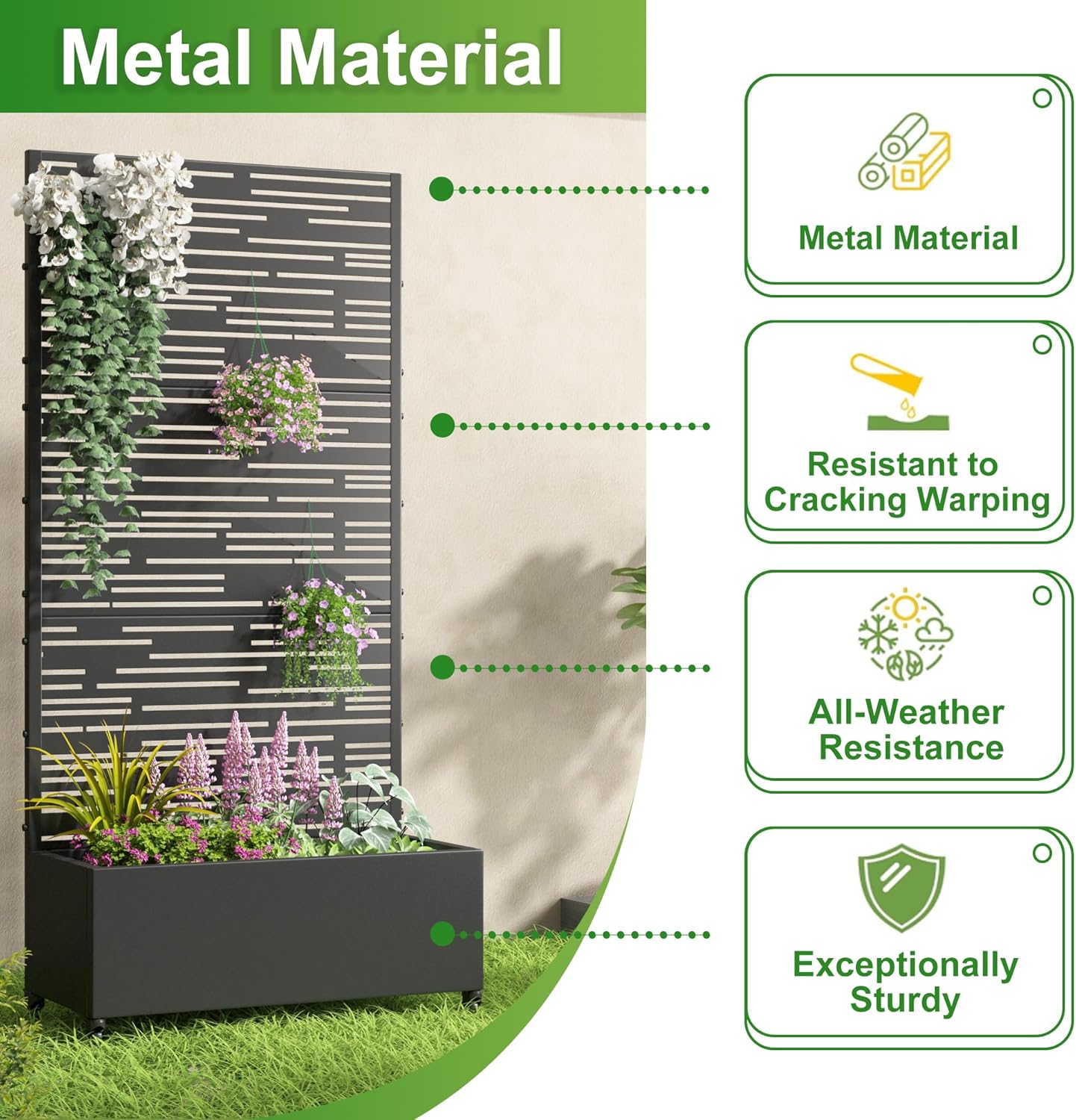 Casaphoria Metal Raised Garden Bed with Trellis and Wheels, 72"x47"x16" Planter Box for Climbing Plants, Vegetables & Vines, Features Drainage Holes and Privacy Screen (Black-Louver) - Colors B