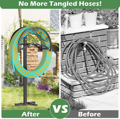 OLV Hose Holder Holds 150-ft Water Pipe, Outdoor Freestanding Heavy Duty Water Hose Holder Reel with 4 Spikes, Detachable Metal Hose Storage Stand Hanger Rack for Outside Yard Lawn Farm, Black