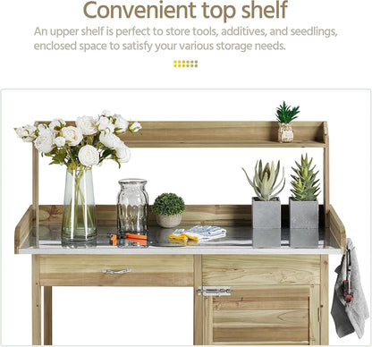 Yaheetech Outdoor Garden Potting Bench Table Work Bench Metal Tabletop W/Cabinet Drawer Open Shelf Natural Wood