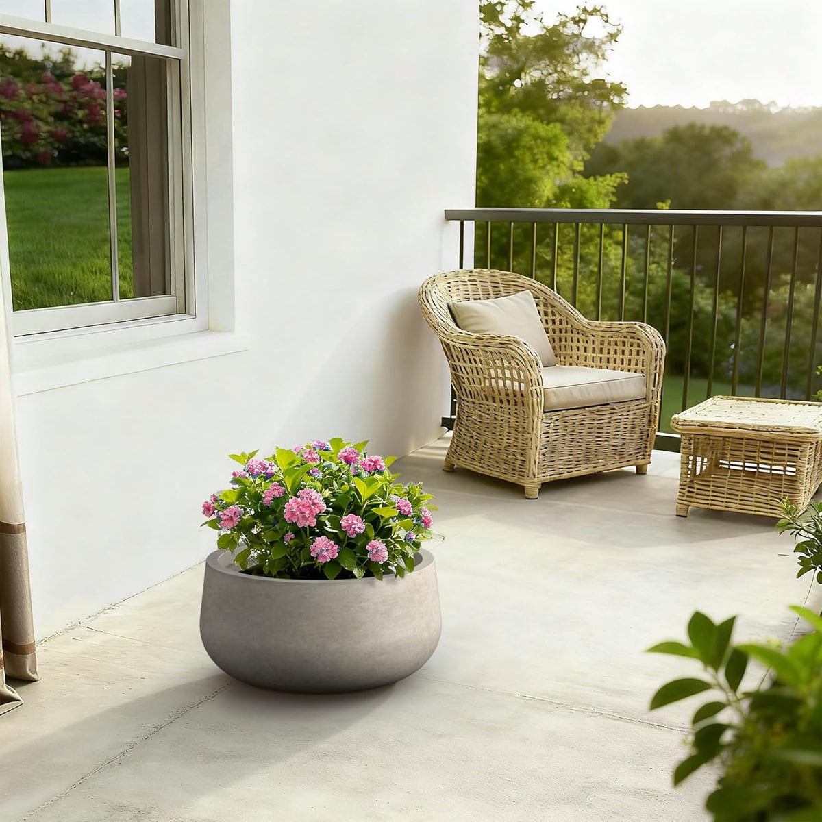 Kante 15.7" Dia Round Concrete Planter, Outdoor Indoor Garden Plant Pots with Drainage Hole and Rubber Plug, Modern Curvaceous Design, Slate Gray