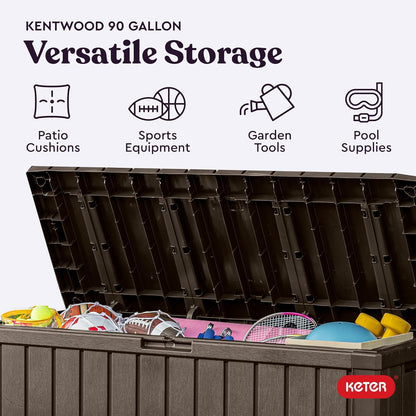 Keter Kentwood 92 Gallon Resin Deck Box-Organization and Storage for Patio Furniture Outdoor Cushions, Throw Pillows, Garden Tools and Pool Floats, Brown